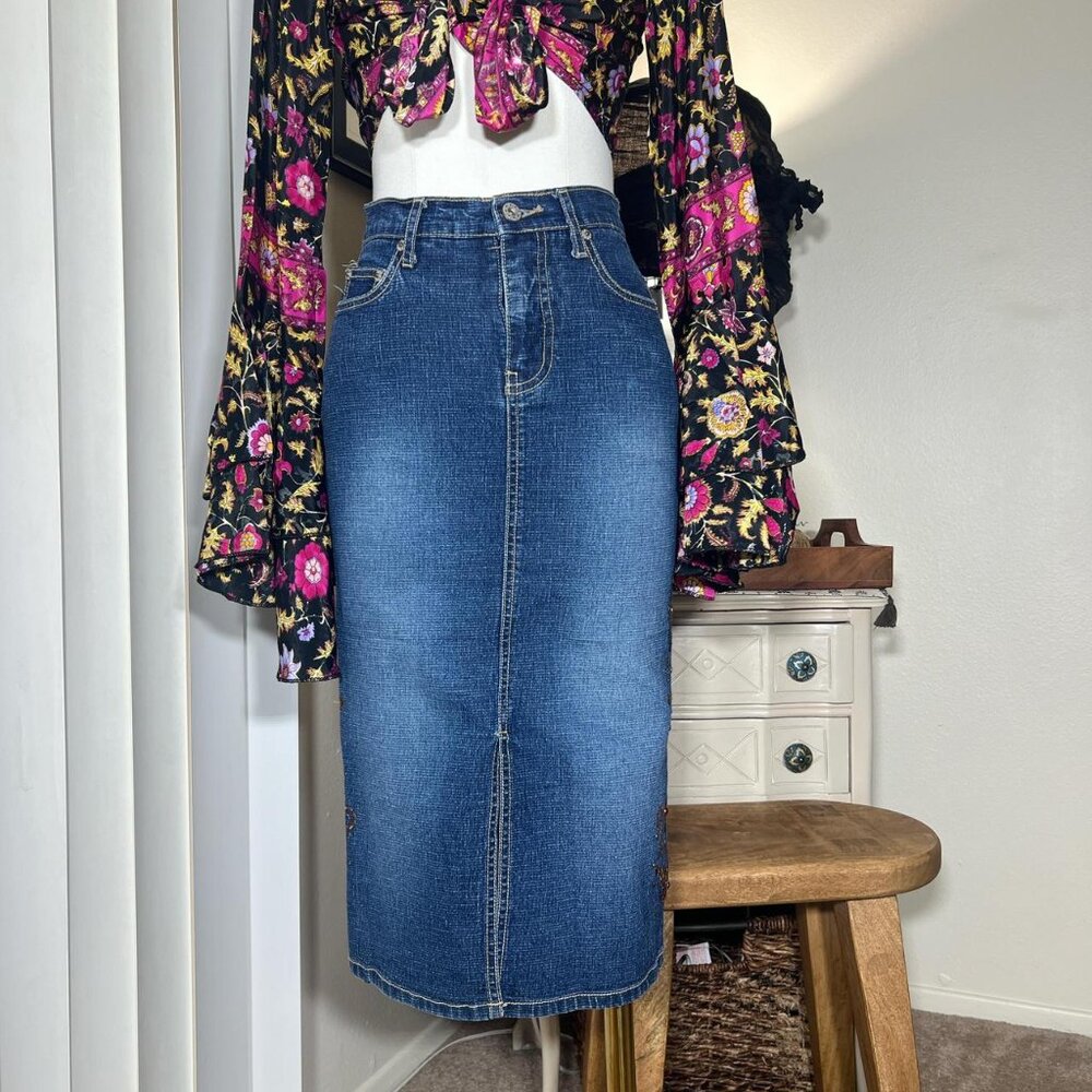 Vintage Lazer Jeans Embroidered Midi Skirt